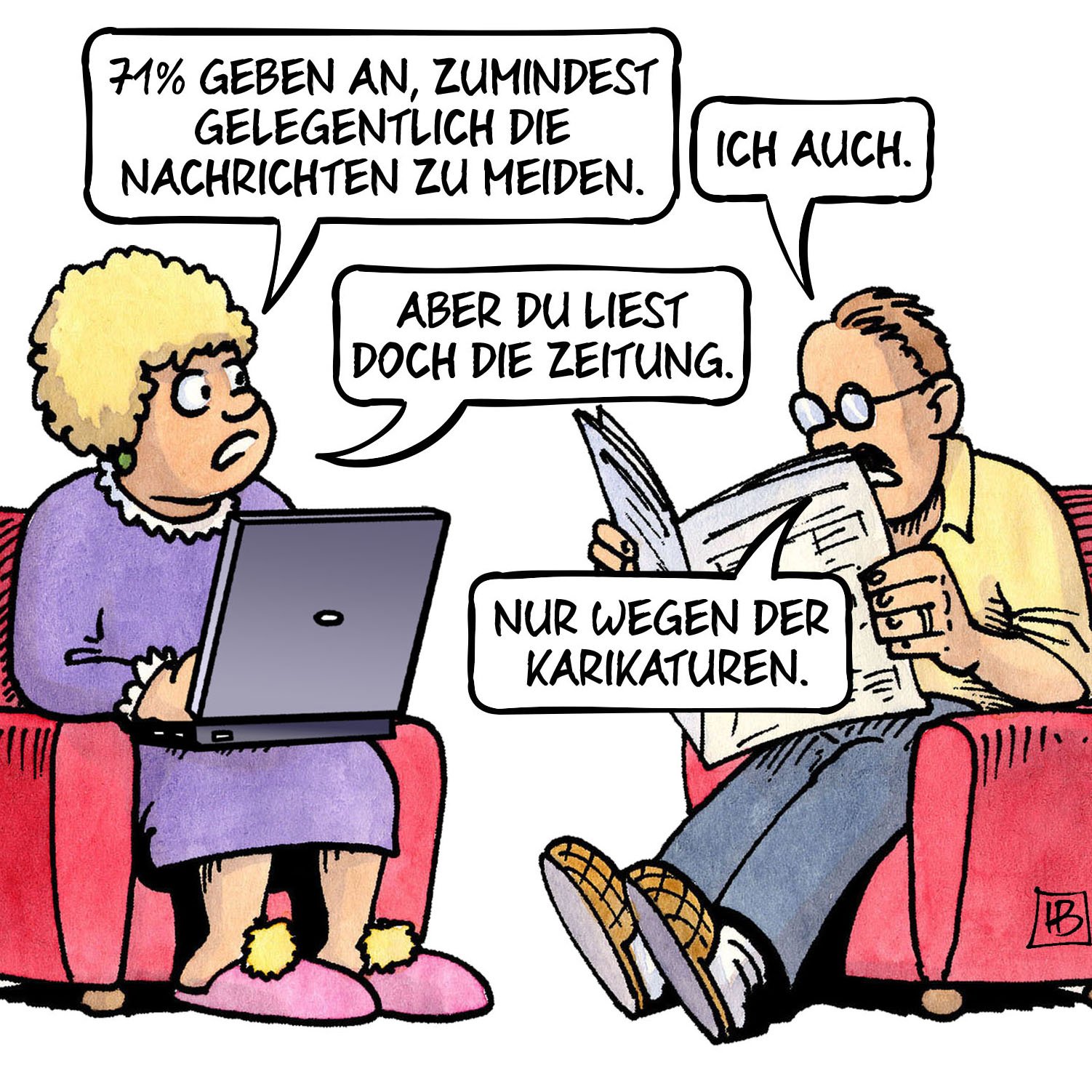 Karikatur "Nachrichten meiden" von Harm Bengen (ein Mann und eine Frau sitzen sich in roten Sesseln gegenüber. Sie ließt auf dem Ipad er liest eine gedruckte Zeitung).