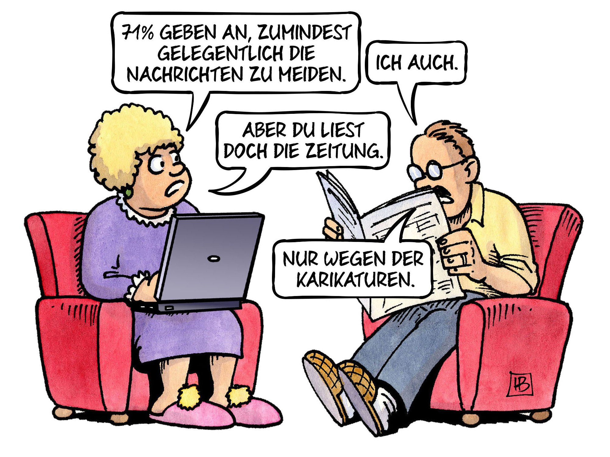 Karikatur "Nachrichten meiden" von Harm Bengen (ein Mann und eine Frau sitzen sich in roten Sesseln gegenüber. Sie ließt auf dem Ipad er liest eine gedruckte Zeitung).