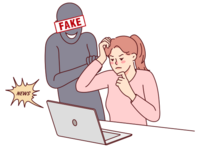 Grafik: Eine Frau sitzt am Schreibtisch, schaut auf den Laptop vor sich, hinter ihr steht ein als Mann dargestellter Schatten mit meiner imaginären Augenbinde, auf der Fake steht.
