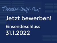 Banner mit den Worten "Theodor-Wolff-Preis. Jetzt bewerben! Einsendeschluss 31.1.2022"