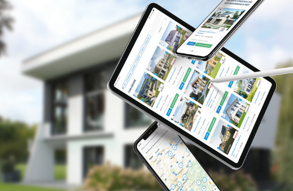 Die Internetseite www.musterhaus.net ist auf einem Smartphone- und Tabletbildschirm zu sehen.